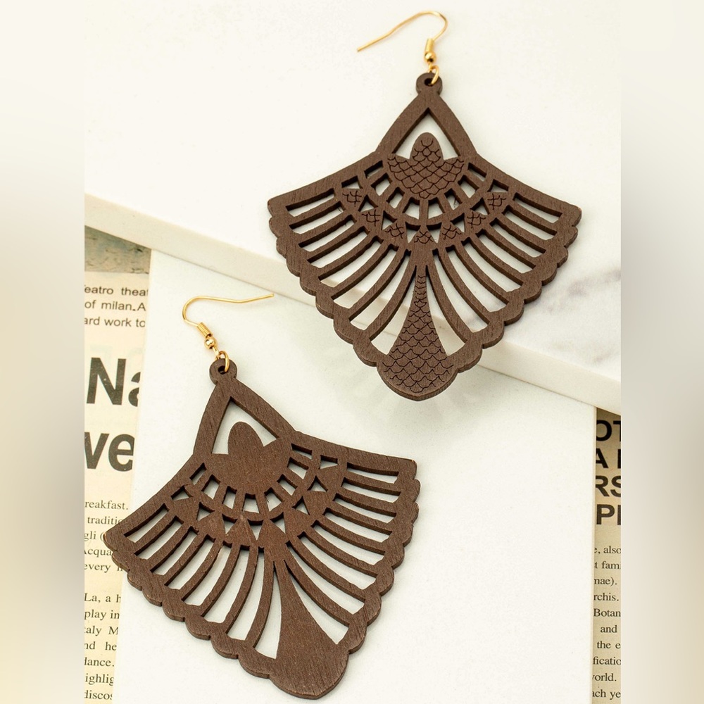 Large cutout brown wood fan shape earrings